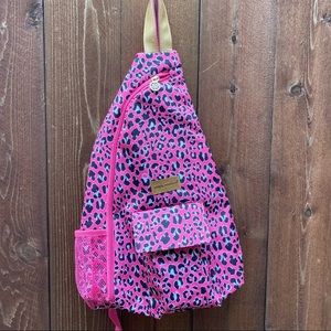Simply Southern hot pink cheetah sling backpack with gold accents